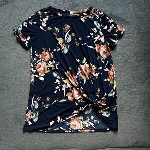 Twenty Ten Women’s Navy Floral Short Sleeve Top Tie Front – Fits Like Large